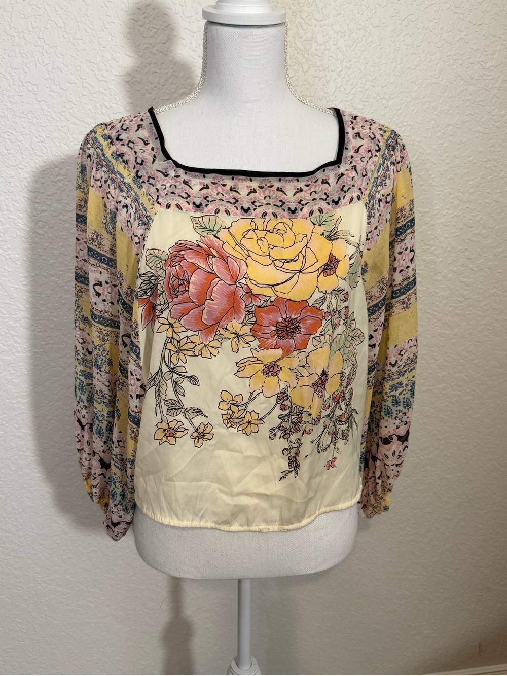 Free People Floral Peasant Blouse - Pink/Cream/Yellow (B1) - Picture 2 of 9